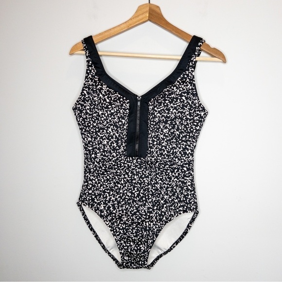 Magicsuit Womens Black and White Spotted Zipper Front One Piece Swimsuit Size 6 - Picture 2 of 12